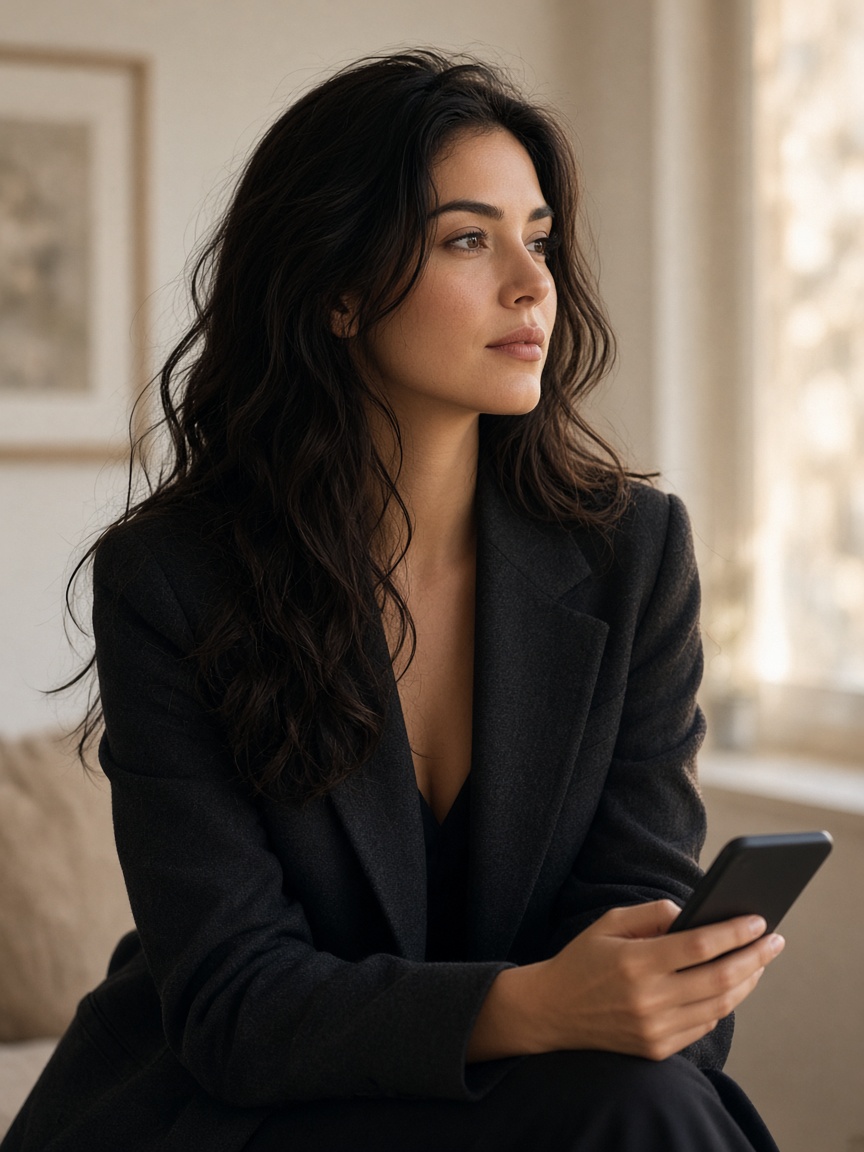 A woman in a dark blazer, holding a phone.